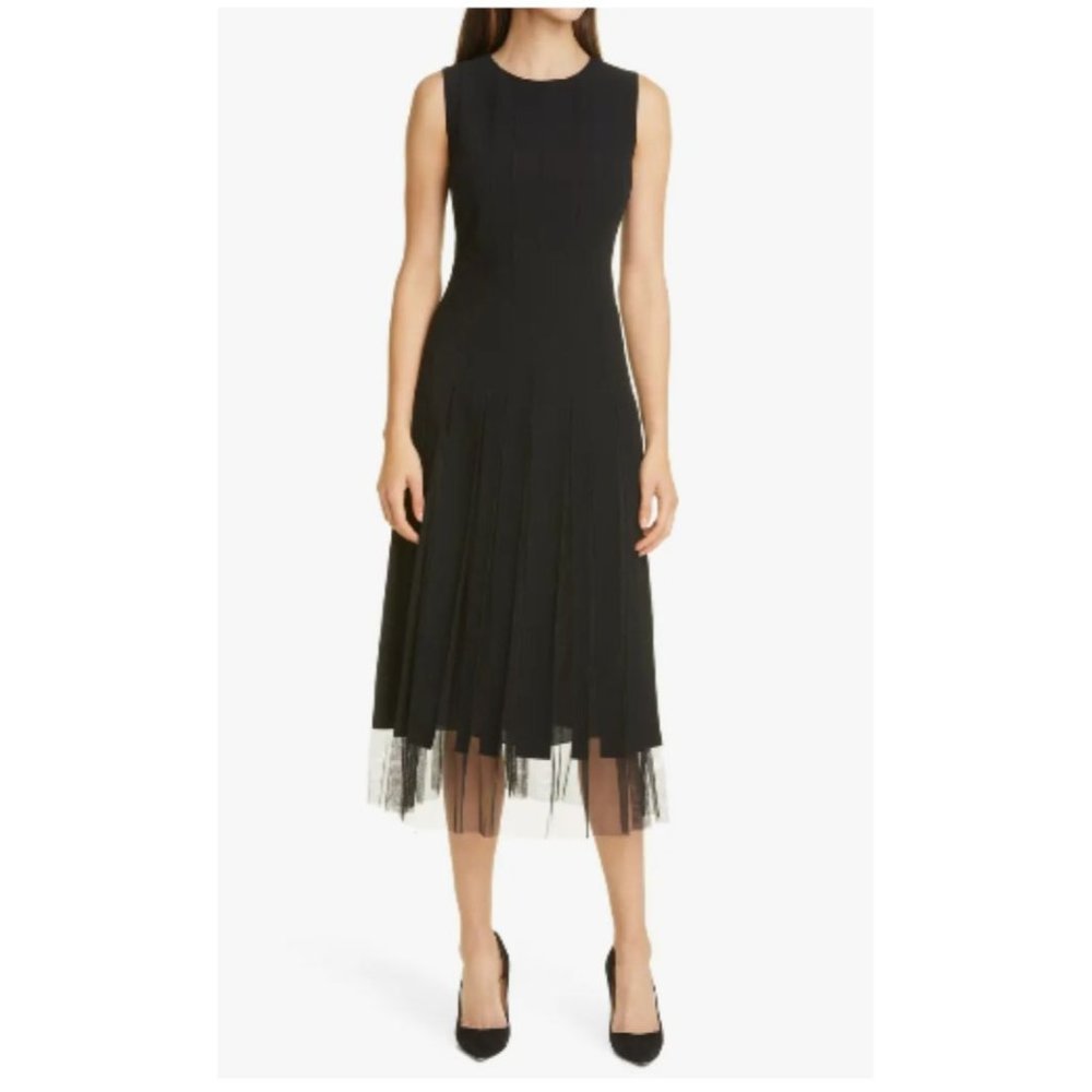 SOLD Hugo Boss Black Sleeveless Pleated Mesh Overlay Fit & Flare Midi Dress Sz - Picture 1 of 13